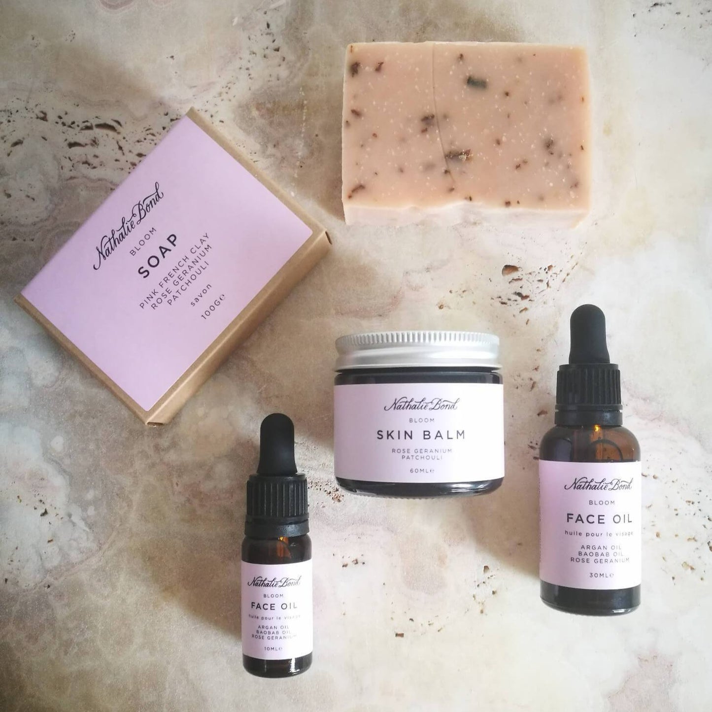 Kit rituel du soir Bloom petit format. Rose géranium et Patchouli.