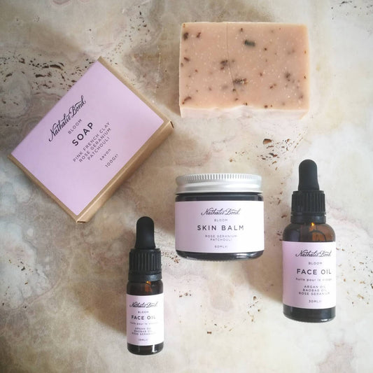 Kit rituel du soir Bloom petit format. Rose géranium et Patchouli.