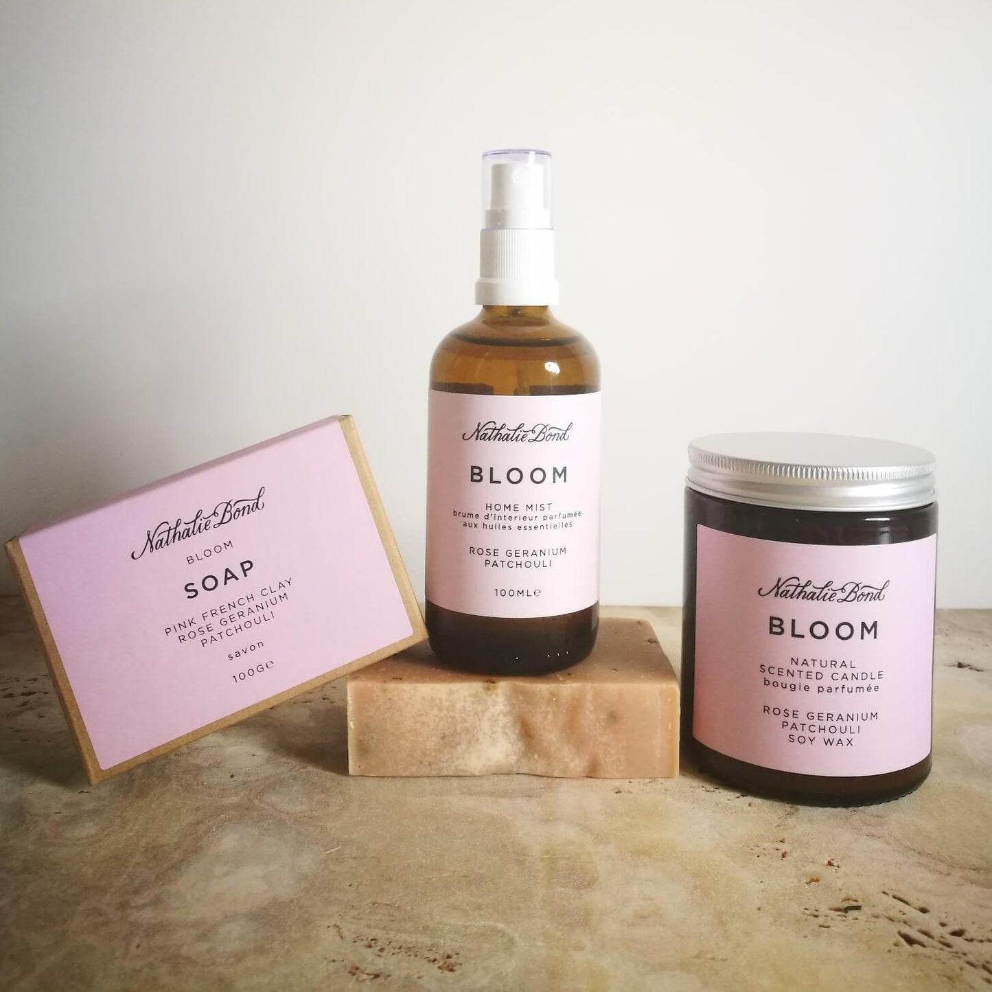 Kit rituel maison Bloom grand format. Rose géranium et Patchouli.