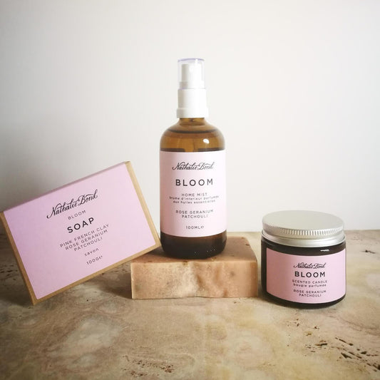 Kit rituel maison Bloom petit format. Rose géranium et Patchouli.