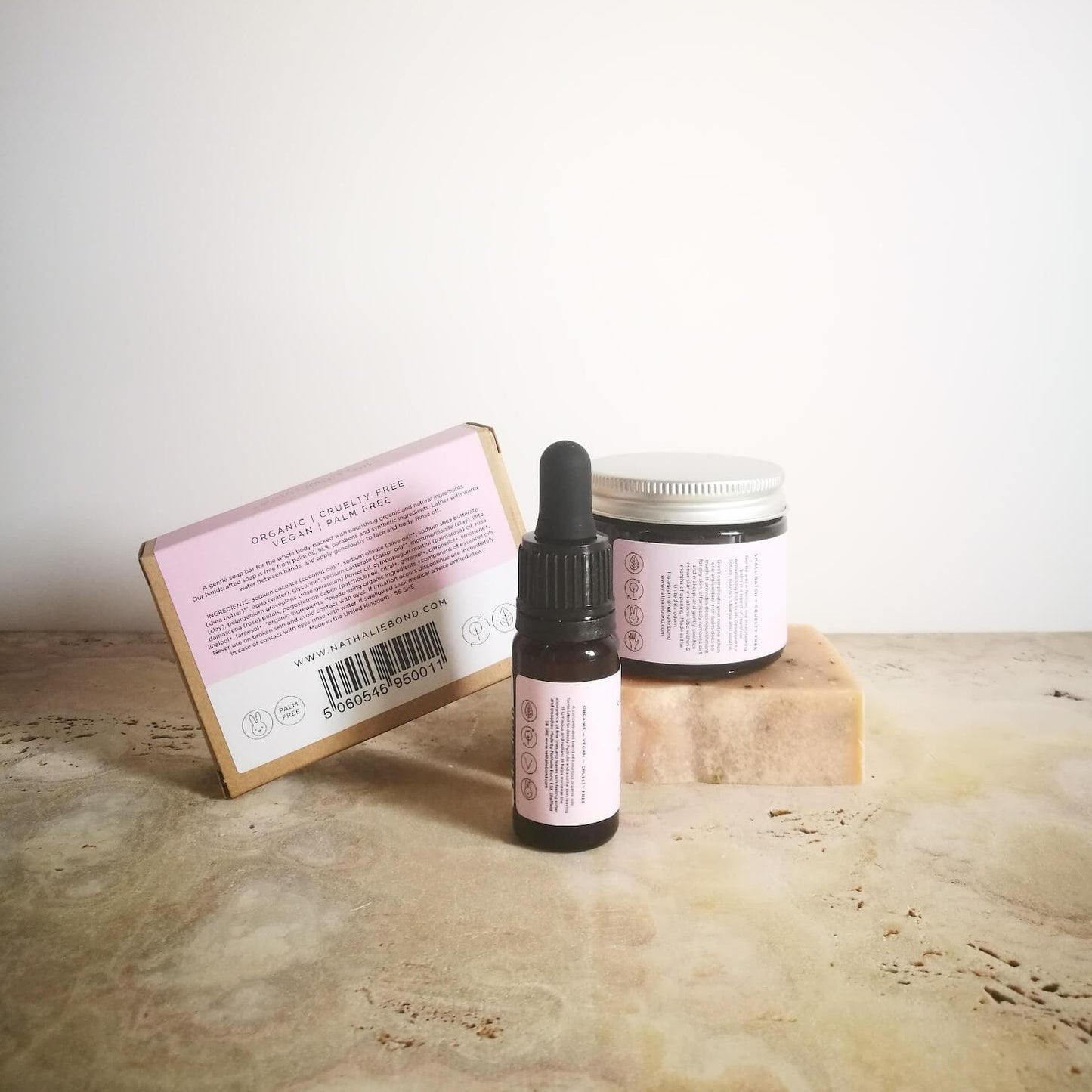 Kit rituel du soir Bloom petit format. Rose géranium et Patchouli.